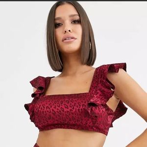Saint Genesis Wine red leopard jacquard tie back crop top